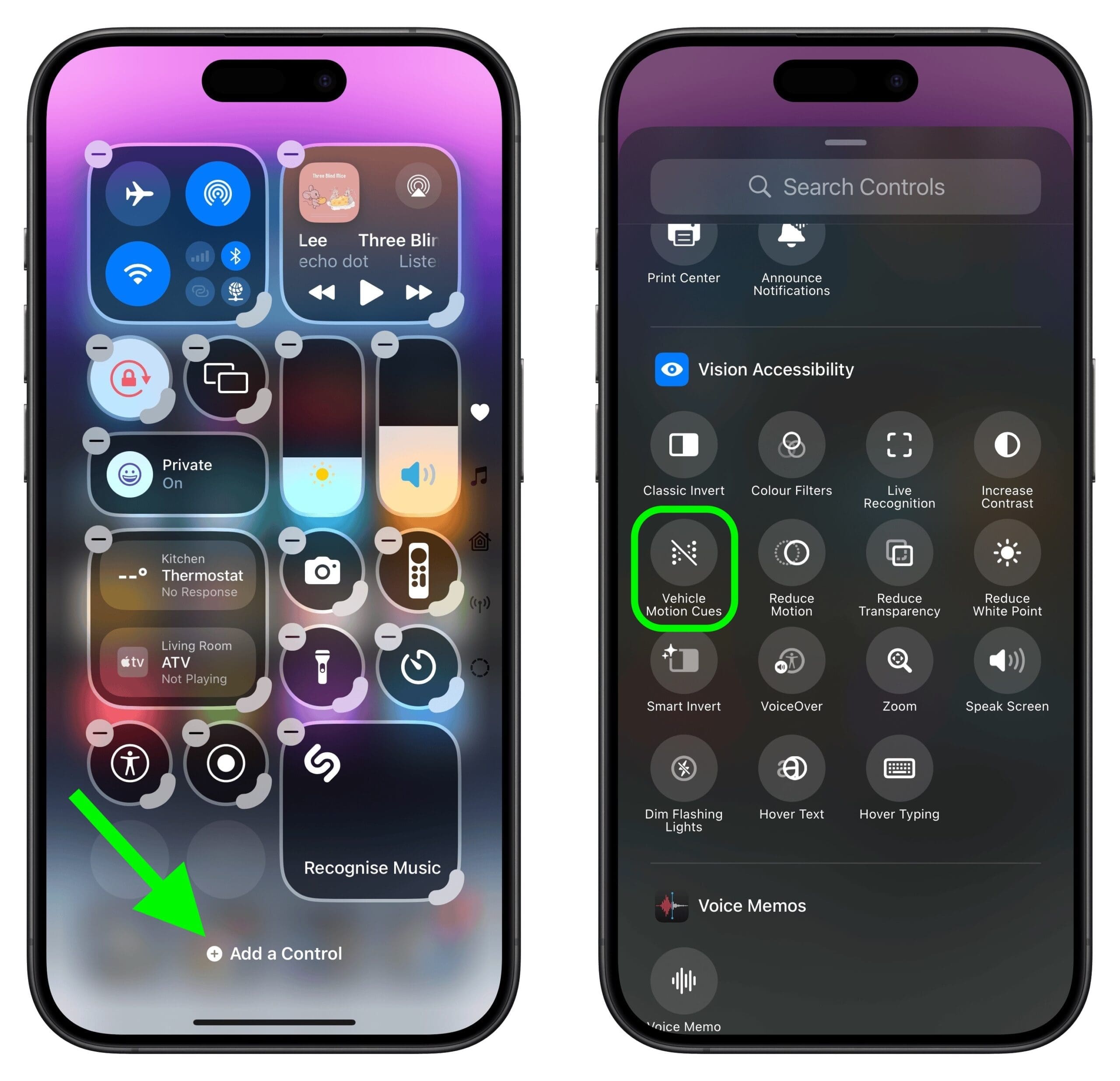 iPhone Control Center customization showing Vehicle Motion Cues under Vision Accessibility